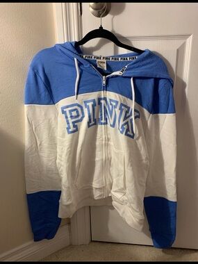 PINK Victoria's Secret Blue and White Colorblock Zip Hoodie